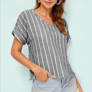 V-neck Cuffed Sleeve Striped Top NWT!!!